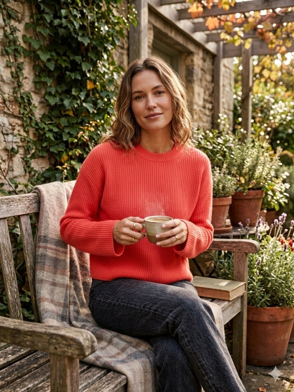 La Ligne Ribbed Crewneck Sweater in Coral-Red 100% Cashmere